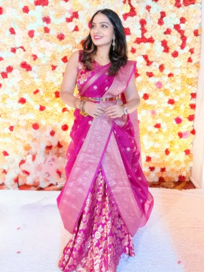 **Saree on Lehenga:** One of my most requested styles. I show multiple ways to combine a saree with a lehenga, creating a layered, grand look perfect for brides and wedding guests.