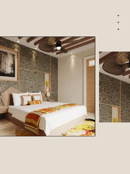Another bedroom view in Dev Villas, showing a stone accent wall behind the bed. This element brings the texture of the outdoors inside, reinforcing the connection to nature.