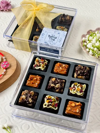Meet my OG Mini Brownies, a bestseller for a reason. This box features an assortment of nine fudgy, eggless brownie bites with delicious toppings like Pistachio Cream, Brookie Crumble, and Caramel Sea Salt.