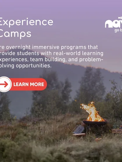 Experience Camps are overnight immersive programs that provide students with real-world learning and problem-solving opportunities. A campfire under the stars represents the adventure and team-building at the heart of these experiences.