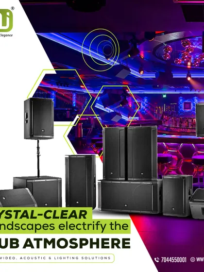 This graphic illustrates our core offering for nightclub owners. We provide complete soundscapes using professional-grade speakers and subwoofers, engineered to deliver crystal-clear, powerful audio that electrifies the club atmosphere.