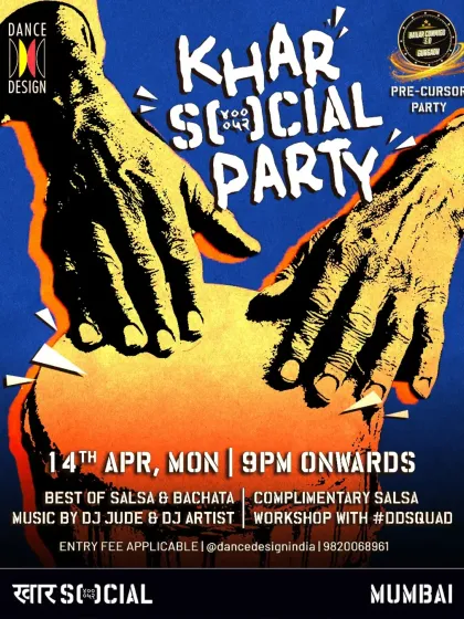 This vibrant poster captures the energy of our Khar Social parties. We always ensure the best Salsa and Bachata music and a complimentary workshop to get new dancers started.