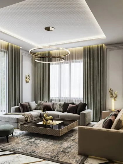 This living room render demonstrates a clean, contemporary aesthetic with a neutral color palette. The focus is on the sleek furniture, layered textures, and the subtle elegance of the overall design.