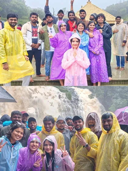 A group enjoying the powerful Abbey Falls in Coorg during the monsoon. We make sure to visit key sights like this, where you can see nature's power up close.