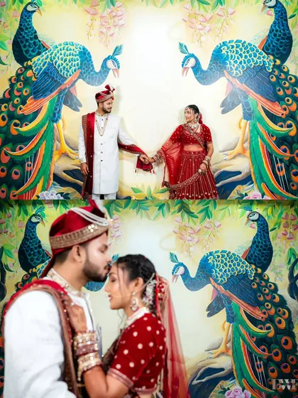 A collage of the couple posing against a beautiful peacock mural. This artistic backdrop adds a unique and traditional touch to their wedding portraits.
