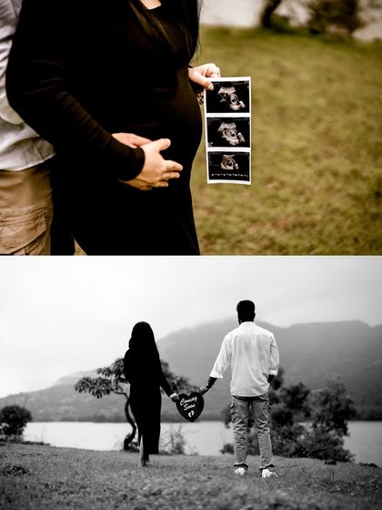 A black and white collage that tells a complete story. It pairs a close-up of the sonogram on the bump with a wide shot of the couple walking away towards the lake, symbolizing their journey forward.