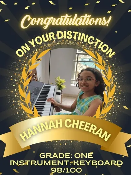 Another phenomenal result for Hannah Cheeran, who scored an incredible 98 out of 100 in her Grade 1 face to face Electronic Keyboard exam. Her consistency and dedication to her keyboard lessons are truly inspiring.