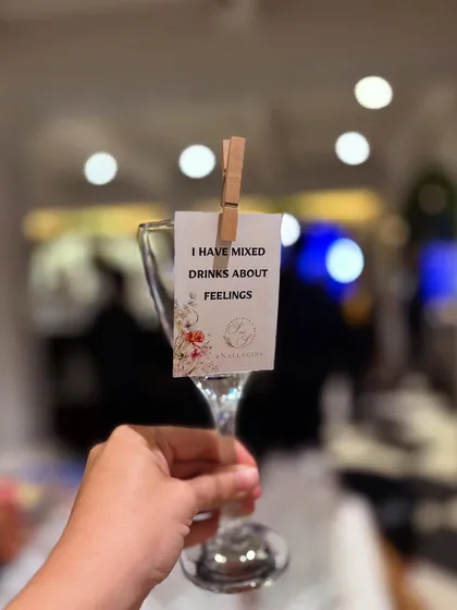 "I have mixed drinks about feelings." We love to play with words and puns on our custom glass tags, adding a layer of fun and personality to every glass we serve.