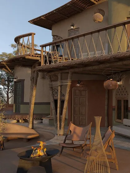 The outdoor seating area, complete with a fire pit, is designed for connection and relaxation. The use of raw timber for the building's support structure and railings is a signature detail of this nature-inspired resort architecture.