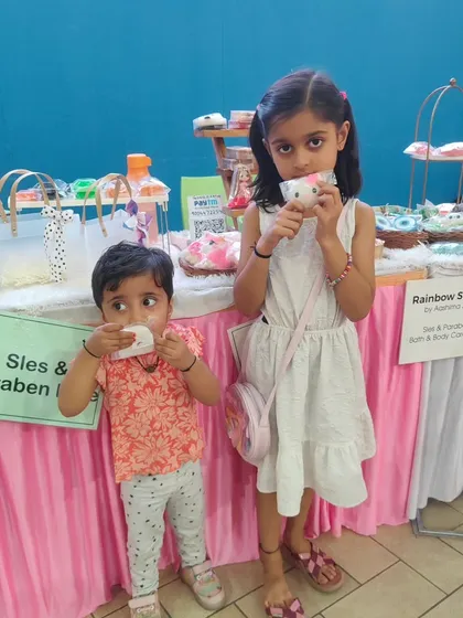 Two adorable customers "tasting" their new soaps. Don't worry, they're just playing. All my kids' soaps are made with a gentle, tear-free formula.
