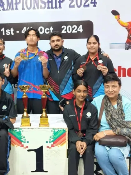 Our team celebrating their Bronze medal win in the U-19 Girls Team event at the CBSE Nationals in Kangra.