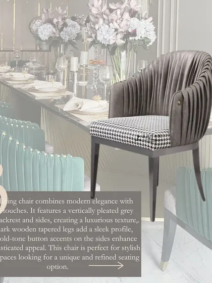 This dining chair combines modern elegance with classic touches. It features a vertically pleated grey fabric backrest, a houndstooth pattern seat, and tapered wooden legs for a unique and refined look.