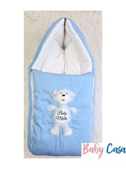 This personalized sleeping bag for "Baby Mehta" features a cute 3D teddy bear. It's a cozy and practical option for keeping your baby warm and secure.