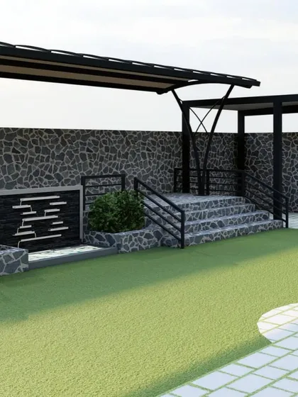 Another angle from the 3D rendering, focusing on the multi-level seating area and a modern water feature.