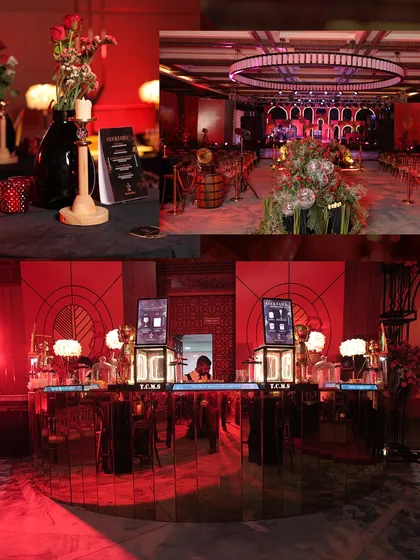 For this Retro Night themed reception, we used a dramatic red lighting scheme, a mirrored bar, and disco balls to transport guests back to an era of glitz and glamour.