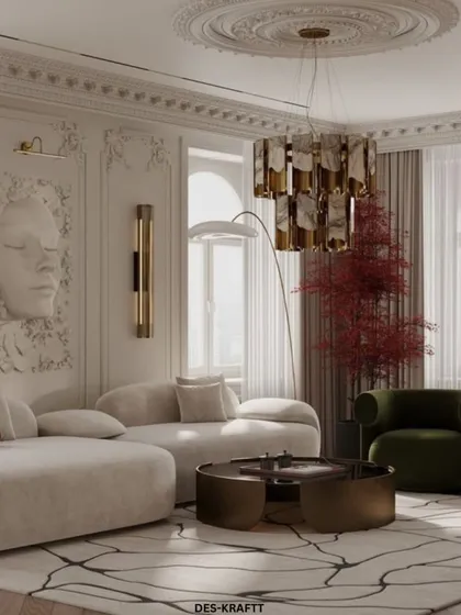 This living room showcases our expertise in neoclassical design, where classic architectural details meet modern luxury. We incorporated intricate wall and ceiling moldings, a dramatic sculptural wall feature, and plush, contemporary furniture for a truly grand statement.