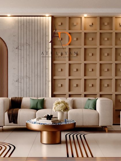 A full view of a living room with a multi-textured feature wall, combining marble, fluted panels, and a 3D geometric pattern for a truly unique statement.