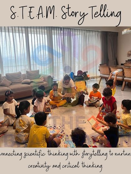 This image captures a S.T.E.A.M. Storytelling session in full swing. I connect scientific thinking with narrative to nurture creativity and critical thinking, all while the children are captivated by a story.