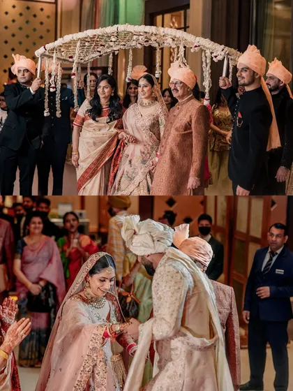 A collage showing the bride's entry under a phoolon ki chadar and the emotional moment of the palla ceremony.