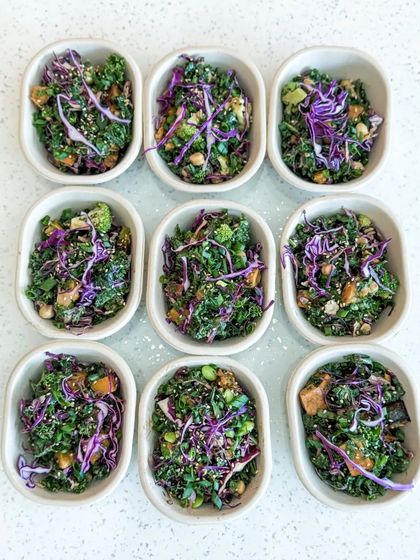 A grid of our colourful salads, prepped and ready for a catering event. We make healthy and beautiful food for any occasion.
