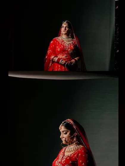 A two-panel collage of the bride in her stunning red lehenga, creating a dramatic and artistic bridal portrait.