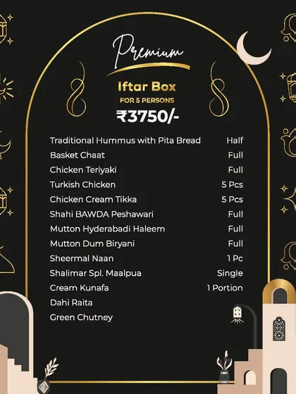 For those seeking an elevated experience, here is the menu for our Premium Iftar Box for 5 persons, featuring exclusive dishes like Shahi Bawda Peshawari and Cream Kunafa.
