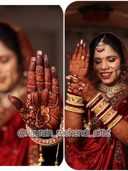 A beautiful bride showing off her stunning bridal stain. The deep color on her hands beautifully complements her red wedding attire.
