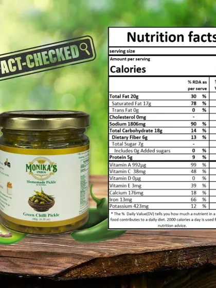 I believe in transparency, which is why I share the detailed nutrition facts for my Green Chilli Pickle. It's a flavourful condiment that you can enjoy knowing exactly what's inside.