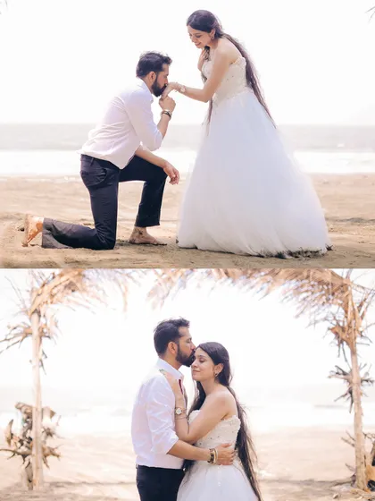 A story in two parts: the proposal on one knee and the romantic kiss. This is how I capture the narrative of a couple's love during a pre-wedding session.
