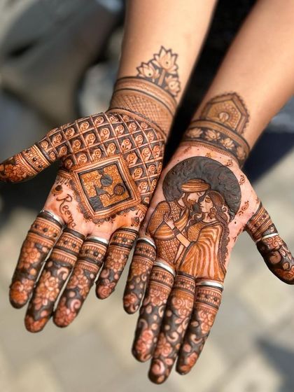 A classic Karwa Chauth portrait, capturing the romance of the festival. This design shows a couple sharing a loving moment, perfect for celebrating your bond.