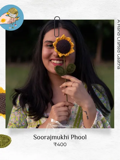 Here I am with one of my favorite creations, the Soorajmukhi Phool, or sunflower. This piece brings a little bit of sunshine indoors and is one of my most loved items, perfect as a single stem or in a bouquet.