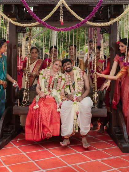 The Oonjal ceremony is a key part of an Iyer wedding. I ensured the groom's veshti was securely draped to allow for comfortable movement and look perfect throughout these important rituals.