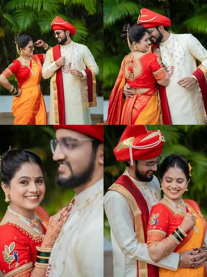 This collage captures the fun and romance of a Maharashtrian couple, from playful glances to loving embraces, all in their beautiful wedding day attire.