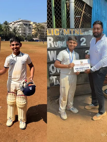 Celebrating a player's outstanding contribution with the bat during the U-12 MCA Bhaskar Thakur Memorial tournament.
