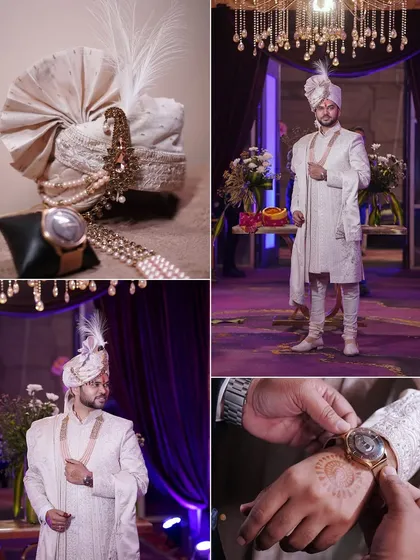 A collage detailing the groom's wedding attire, from his turban and watch to his full ensemble.