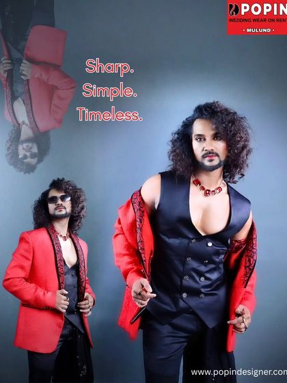 This collage shows different angles of the red and black formal outfit. It’s a timeless combination of sharp tailoring and bold color that is perfect for any celebration.