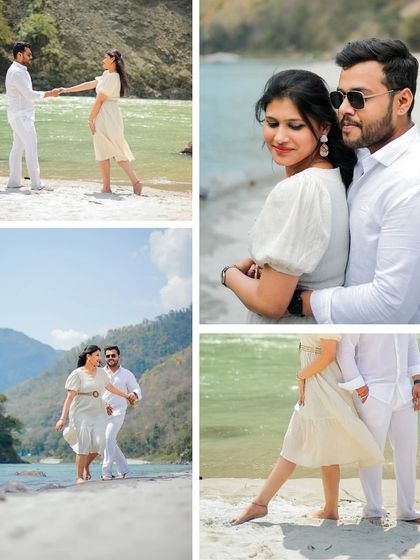 A collage of a couple's pre-wedding shoot in Rishikesh, dressed in white and enjoying the riverside.