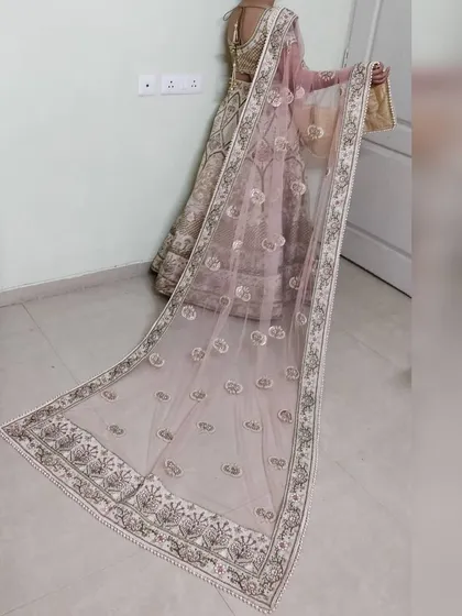 A view of the back of the blouse and the long, sheer dupatta. The embroidered border of the dupatta trails elegantly, adding a touch of drama to the outfit.