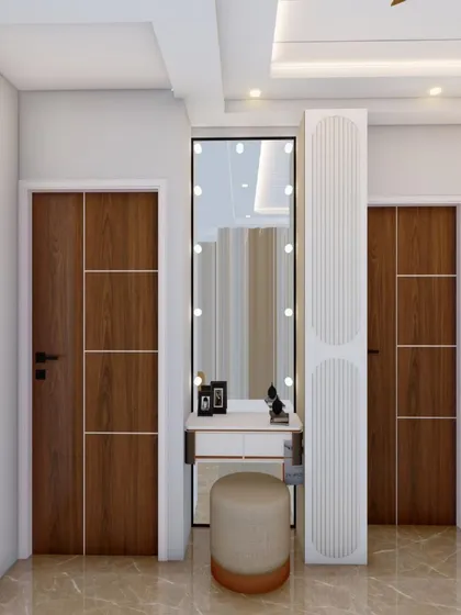 This 3D visualization focuses on the entryway of a bedroom, showing how the door designs and a compact vanity table can be integrated seamlessly. This planning stage is crucial for getting every detail right.