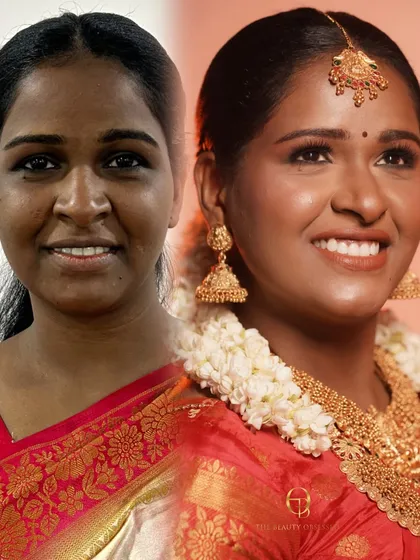 A powerful before-and-after of a South Indian bride with a dusky skin tone. I focused on creating a radiant base that celebrates her complexion, paired with traditional gold jewelry for a truly regal look.