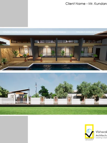 A composite image showing two key views from the design phase: the poolside elevation and the property's boundary wall, illustrating both macro and micro design considerations.