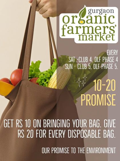A poster explaining our "10-20 Promise": get Rs 10 for bringing your own bag, and pay Rs 20 for a disposable one.