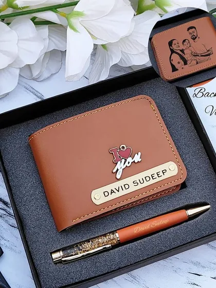 This sketch wallet combo features a tan faux leather wallet with a photo etched on the back and a name on the front. It comes paired with a beautiful personalized gold flake pen.