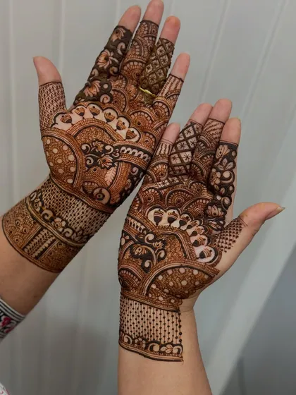 A lovely example of student work, showing great control over line thickness and pattern flow. The way the design wraps around the wrist is a technique we practice for a complete, professional look.