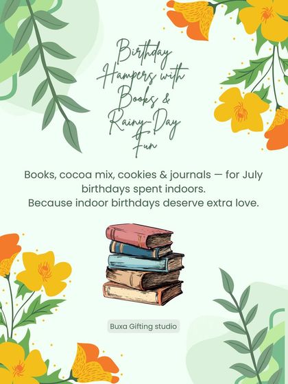 A birthday hamper idea for July featuring books, cocoa mix, and cookies for a cozy indoor celebration.