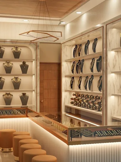 For this jewelry showroom, the goal was to create a bright, luxurious, and inviting space. I used warm lighting, reflective surfaces, and clean lines to make the jewelry the star of the show. The design includes custom display cases and comfortable seating for a premium customer experience.
