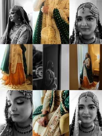 A collage of bridal portraits, mixing color and black and white. It showcases the bride's different expressions and the beautiful details of her wedding look, from her jewelry to her makeup.