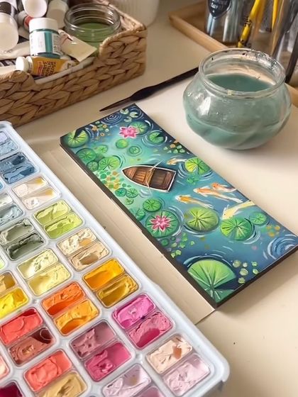 A compilation image showing some of my recent favorite landscape paintings, including this magical koi pond piece.