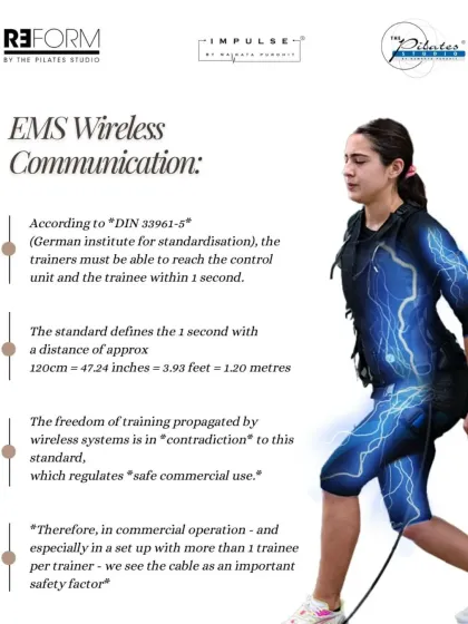 This infographic details the official German safety standard for EMS. It specifies that a trainer must be within 1.2 meters of the client and control unit, making wired systems essential for safe commercial use.