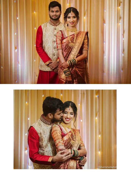 A posed portrait and a candid embrace. This shows my ability to direct formal shots and also capture the spontaneous, joyful moments during an indoor engagement ceremony.